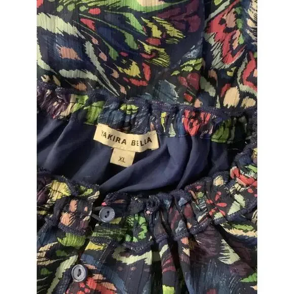 Yakira Bella Tiered Print Dress XL Multicolor Blue Print Flowy Boho - Picture 4 of 4